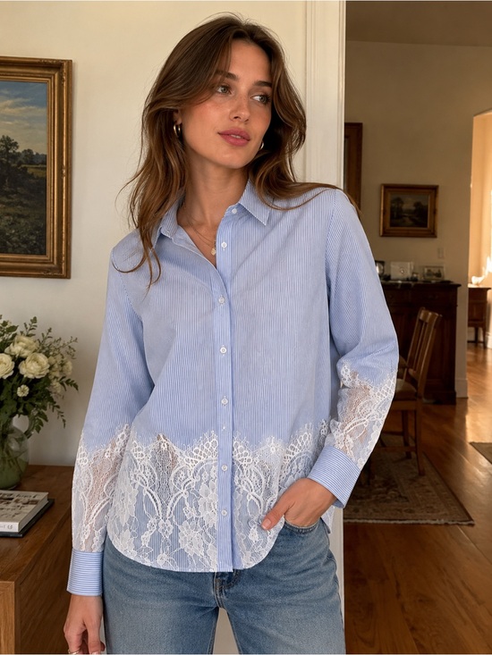 7Th Avenue Design Studio Tops - Blue Pinstripe Button-Up Shirt with White Lace Trim cotton